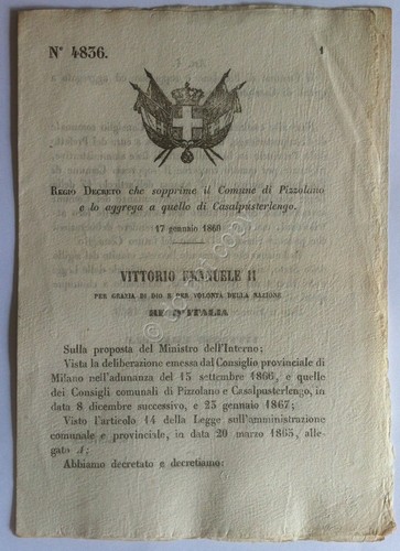 Regio Decreto 4836 Comune di Pizzolano aggregato a Casalpusterlengo 1869