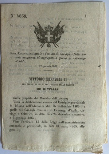 Regio Decreto 4838 Caviaga e Soltarico aggregati a Cavenago d'Adda
