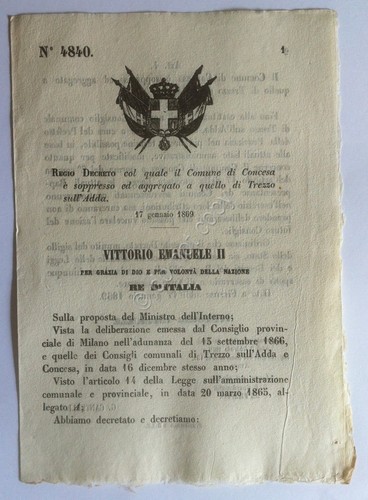 Regio Decreto 4840 Concesa aggregata a Trezzo sull'Adda 1869