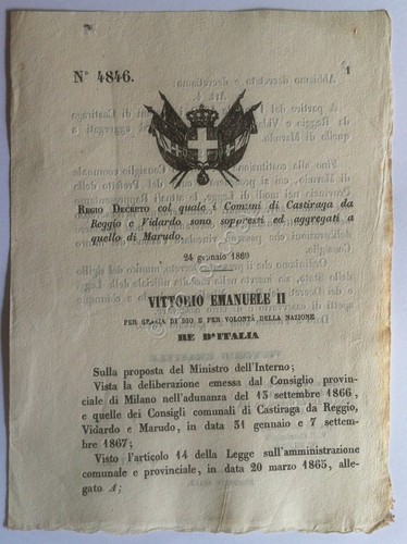 Regio Decreto 4846 Castiraga da Reggio e Vidardo aggregati a …