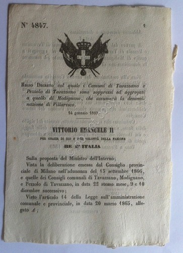 Regio Decreto 4847 Tavazzano e Pezzolo di Tavazzano con Modigliano …