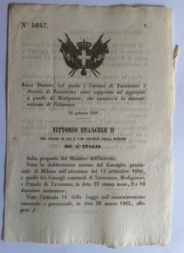 Regio Decreto 4847 Tavazzano e Pezzolo di Tavazzano con Modigliano …
