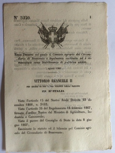 Regio Decreto 5220 Benevento Stabilimento di pubblica utilità