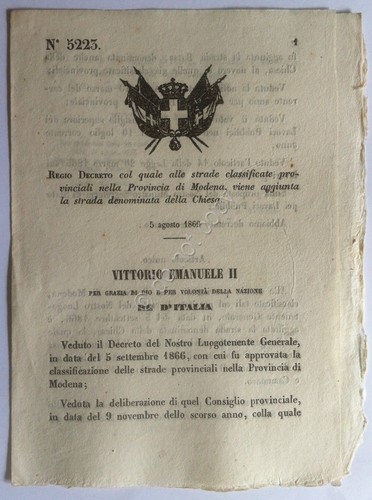 Regio Decreto 5223 Modena aggiunta strada provinciale della Chiesa