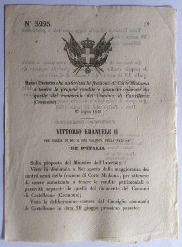 Regio Decreto 5225 Corte Madama rendite separate da Castelleone (Cremona)