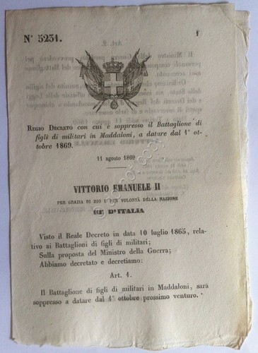 Regio Decreto 5231 Soppressione Battaglione di figli di militari in …