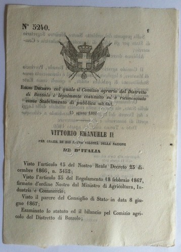 Regio Decreto 5240 Comizio agrario del Circondario di Bozzolo 1869