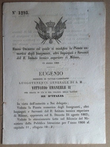 Regio Decreto Eugenio Savoia Aumento professori Istituto Tecnico Milano 3293
