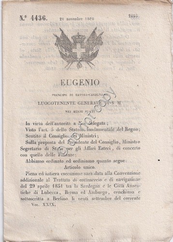 Regio Decreto Eugenio Trattato navigaz Sardegna città Anseatiche di Lubecca …