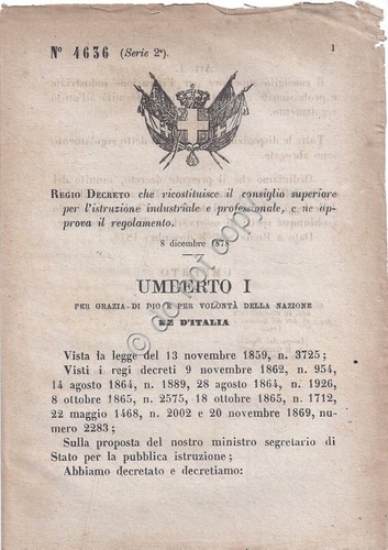Regio Decreto Umberto I consiglio istruzione industriale professionale 4636