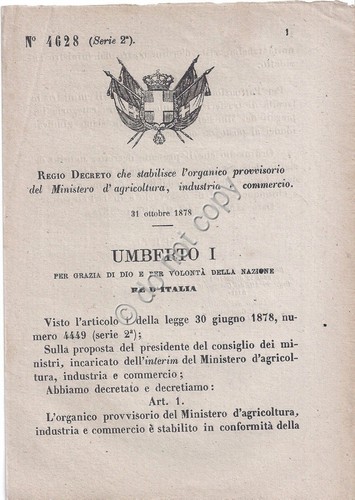 Regio Decreto Umberto I Ministero Agricoltura Industria Commercio Organico 4628