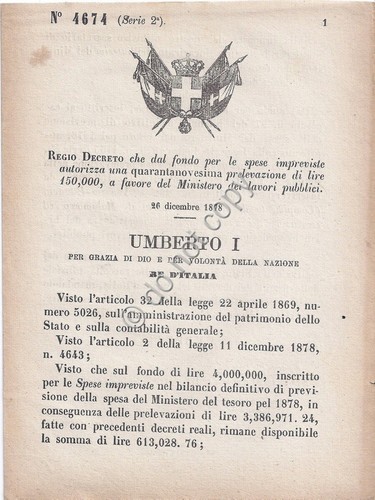 Regio Decreto Umberto I Prelevazione a favore Ministero lavori pubblici …