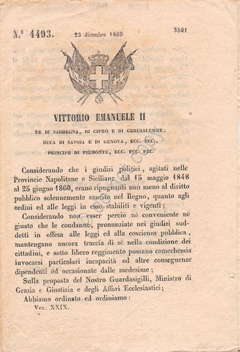 Regio Decreto VE II 1860 Condanne politiche Provv Napolitane Siciliane …