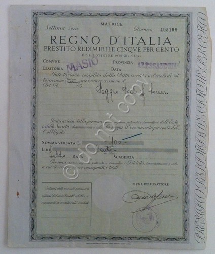 Regno d'Italia - Prestito redimibile 5% - Masio - Alessandria …