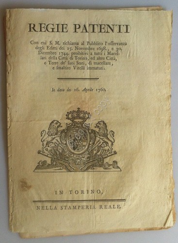 Regno di Sardegna 1760 - Regie Patenti - Divieto macellazione …