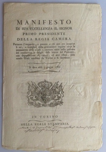Regno di Sardegna 1786 - Manifesto Regia Camera - Grassazione …