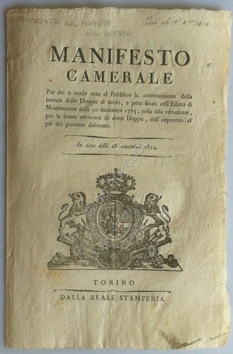 Regno di Sardegna 1814 - Manifesto Camerale Battuta delle Doppie …