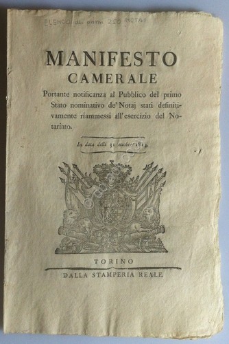Regno di Sardegna 1814 Manifesto Camerale 1° Elenco Notai riammessi …