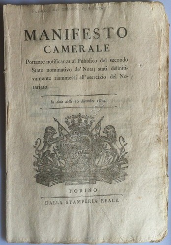Regno di Sardegna 1814 Manifesto Camerale 2° Elenco Notai riammessi …