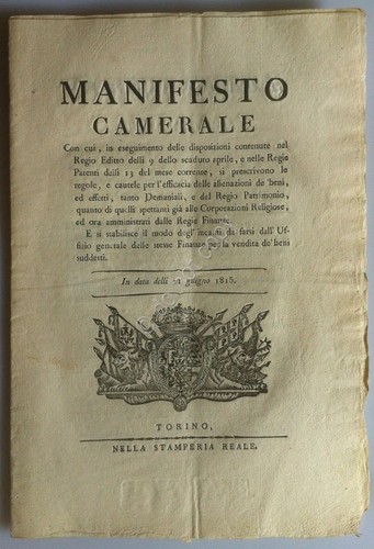 Regno di Sardegna 1815 - Manifesto Camerale - Beni Demanio …