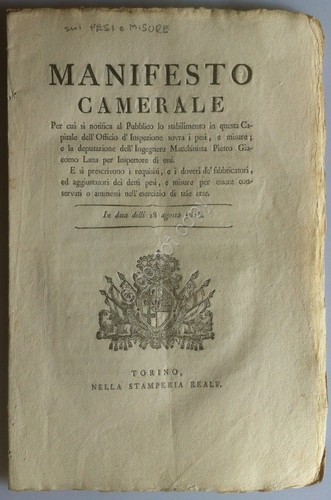 Regno di Sardegna 1815 - Manifesto Camerale - Ufficio Ispezione …