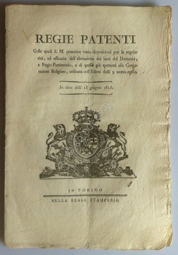 Regno di Sardegna 1815 - Regie Patenti - Alienazione Beni …