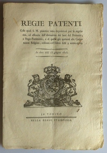 Regno di Sardegna 1815 - Regie Patenti - Alienazione Beni …