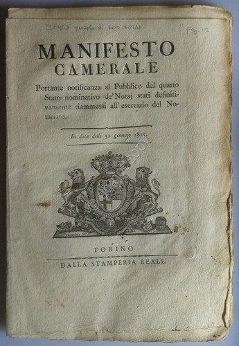 Regno di Sardegna 1815 Manifesto Camerale 4° Elenco Notai riammessi …