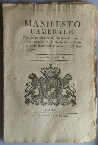 Regno di Sardegna 1815 Manifesto Camerale 5° Elenco Notai riammessi …