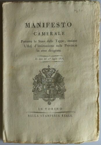 Regno di Sardegna 1816 - Manifesto Camerale Elenco Uffizi Insinuazione …