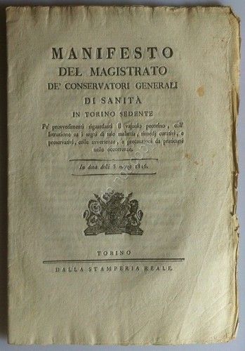 Regno di Sardegna 1816 - Manifesto Magistrato Sanità - Vajuolo …