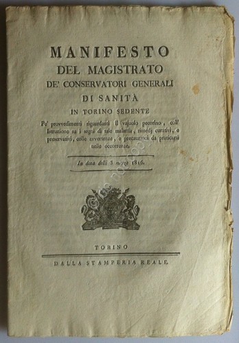 Regno di Sardegna 1816 - Manifesto Magistrato Sanità - Vajuolo …