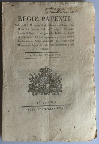 Regno di Sardegna 1816 - Regie Patenti - Pagamento dei …