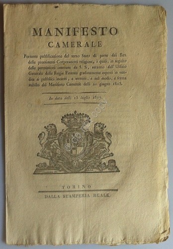 Regno di Sardegna 1817 - Manifesto Camerale - Beni delle …