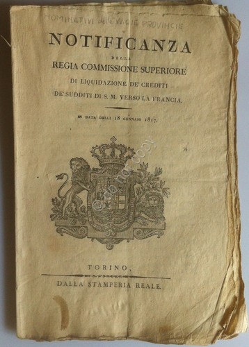 Regno di Sardegna 1817 - Notificanza - Liquidazione Crediti Sudditi …