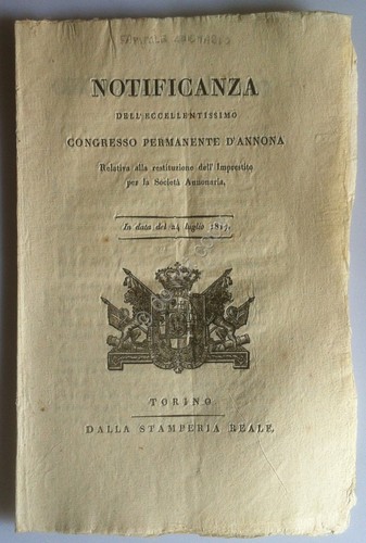 Regno di Sardegna 1817 - Notificanza Congresso Permanente d'Annona - …