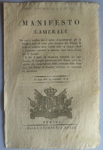 Regno di Sardegna 1818 - Manifesto Camerale - Dazi Bottiglie …