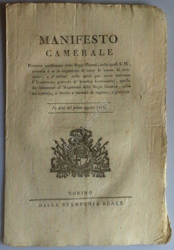 Regno di Sardegna 1818 Manifesto Camerale - Economato de' benefizi …