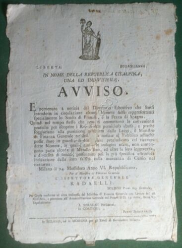 Repubblica Cisalpina - Milano 1798 - Avviso circolazione monete false …