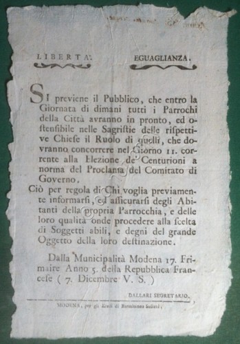 Repubblica Cisalpina - Modena 1796 - Pubblicazione Candidati Elezione Centurioni