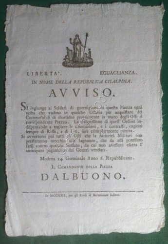 Repubblica Cisalpina - Modena 1798 - Obbligo Soldati al pagamento …