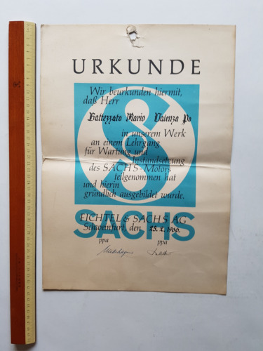 Sachs attestato partecipazione corso formazione 1966 originale tedesco