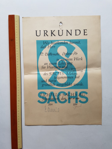 Sachs attestato partecipazione corso formazione 1968 originale tedesco