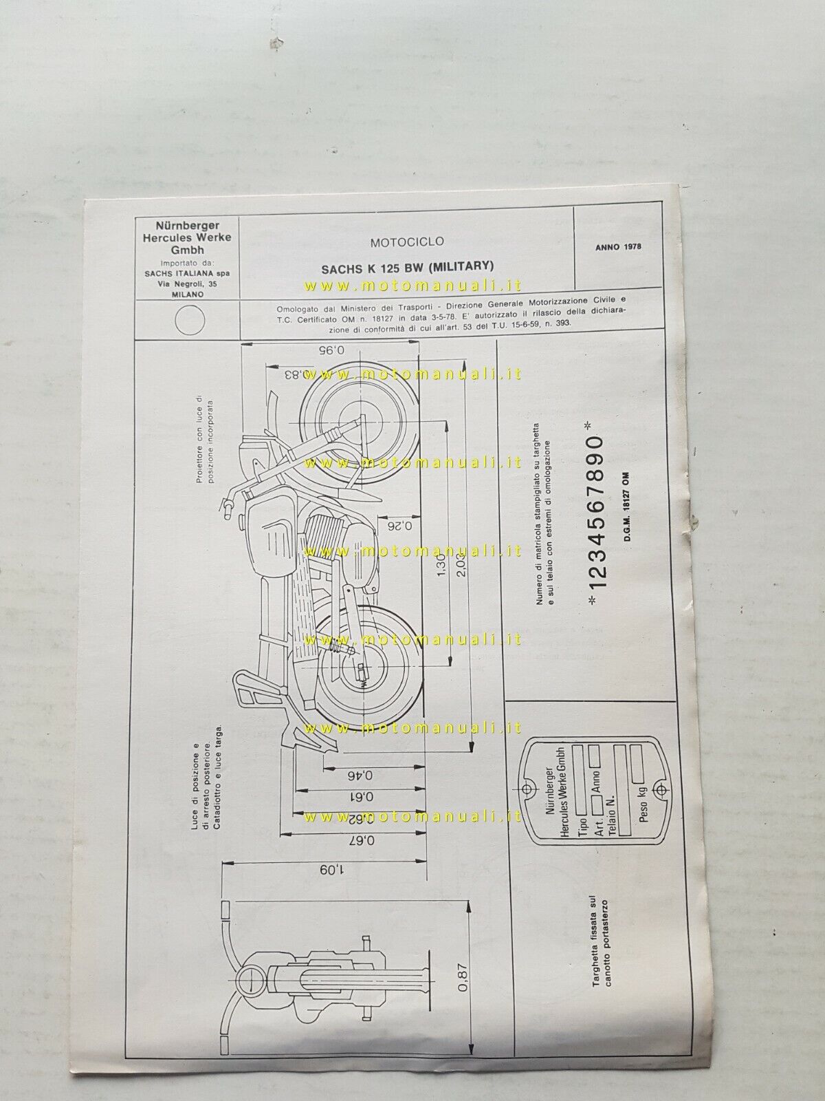 Sachs K 125 Military 1978 scheda omologazione DGM originale Motorizzazione