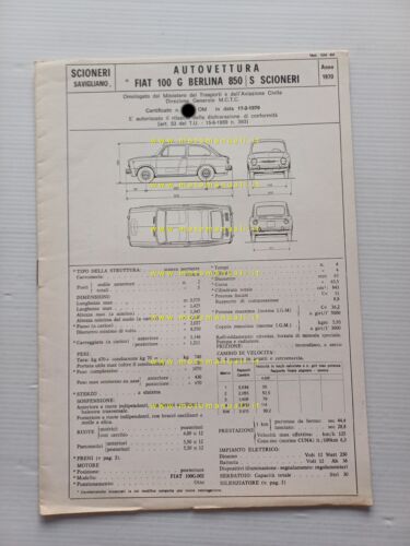 Scioneri Fiat 850 S 1970 scheda omologazione DGM Motorizzazione Facsimile