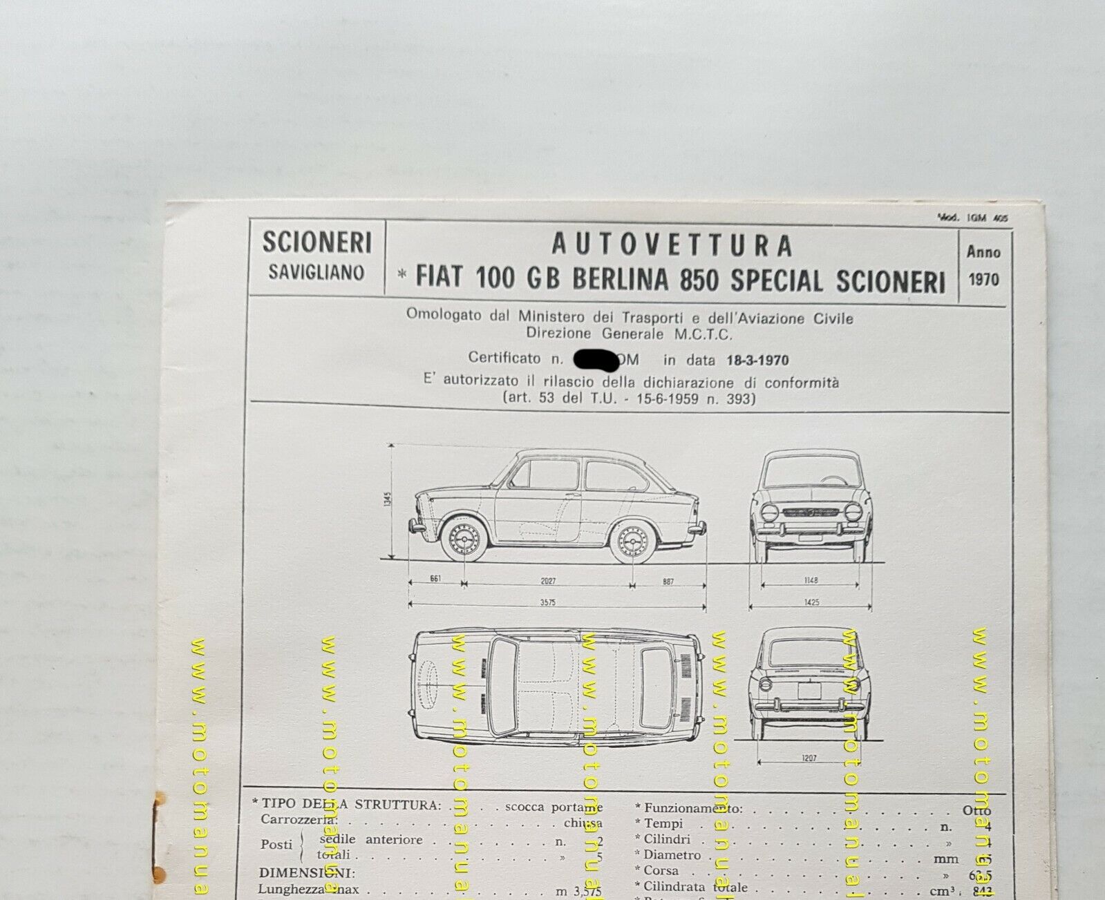 Scioneri Fiat 850 Special 1970 Scheda facsimile omologazione DGM Motorizzazione