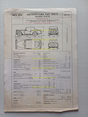 Siata 850 Spider 1967 scheda omologazione DGM Motorizzazione Facsimile