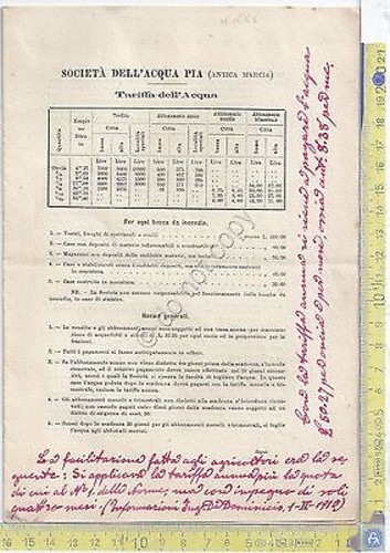 Società dell'Acqua Pia Antica Marcia - tariffa dell'acqua - 1949