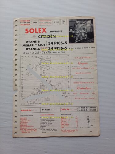 Solex carburatore 34 PICS-5 Citroen Dyane-Mehari 1969 catalogo ricambi +regolaz.