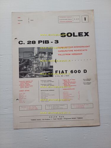 Solex carburatore C.28 PIB 3 Fiat 600 D 1969 catalogo …